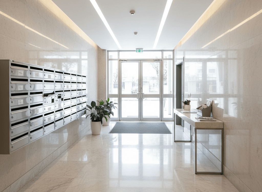 Hall d'entrée moderne et impeccable d'une copropriété